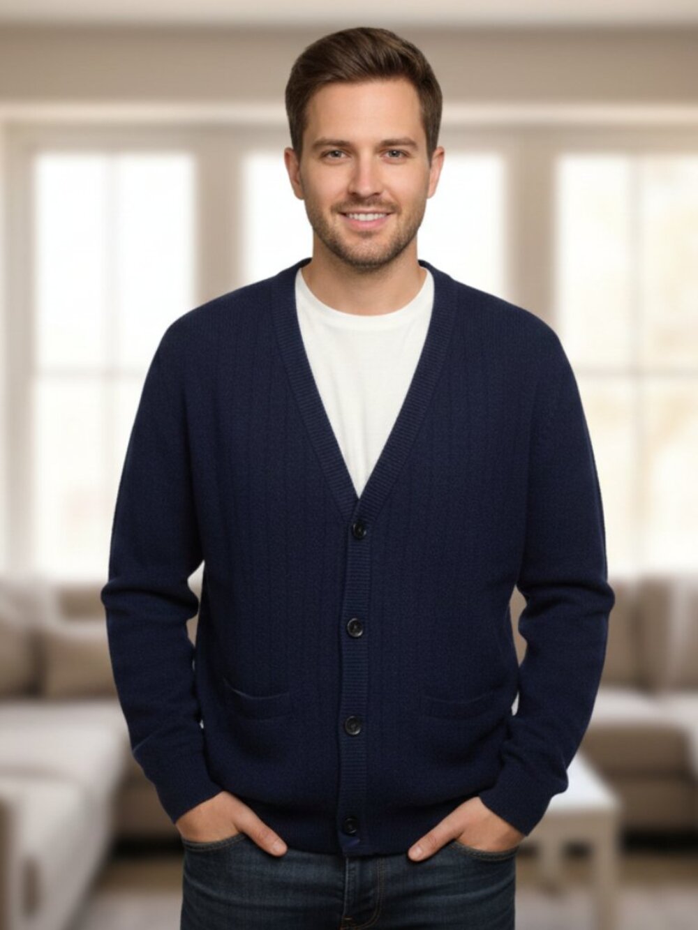 Men's The Tie Bar Chicago Blue Merino Wool Cardigan - Size Large - EUC
